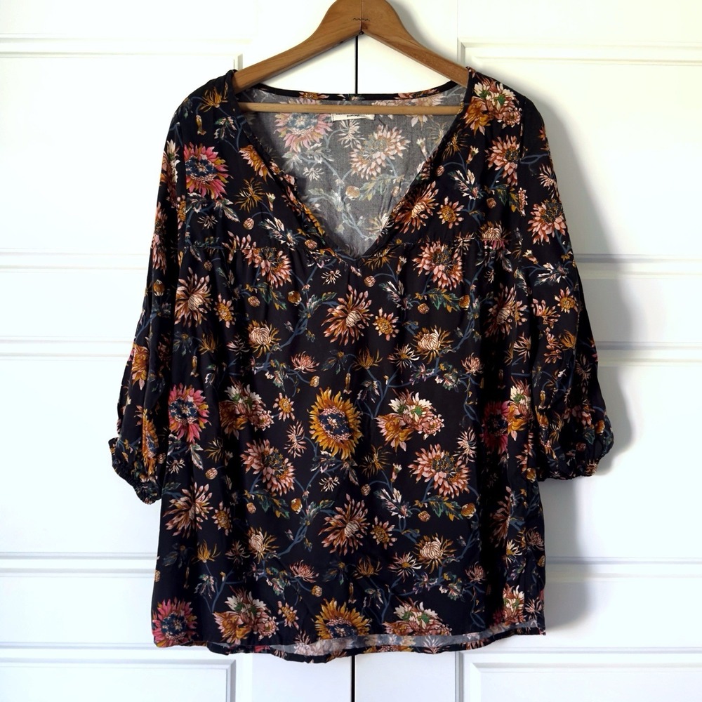 Natural Life Boho Floral Top Womens M Black Pink 3/4 Sleeves Peasant Cottage